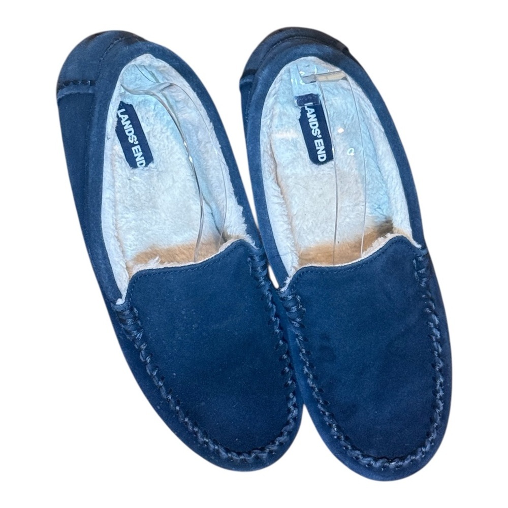 NWOB Lands' End Women's Blue Suede Moccasin Shearling Lined Slippers Size 8 - Picture 6 of 14